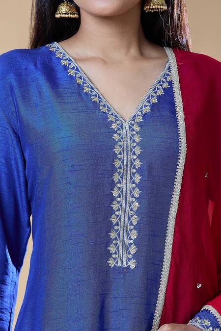 Samyukta Singhania Blue Chanderi, Viscose, Organza Sequins, Beads, Floral Pattern Kurta Pant Set at Aza Fashions Samyukta Singhania_Blue Chanderi, Viscose, Organza Sequins, Beads, Floral Pattern Kurta Pant Set_at_Aza_Fashions