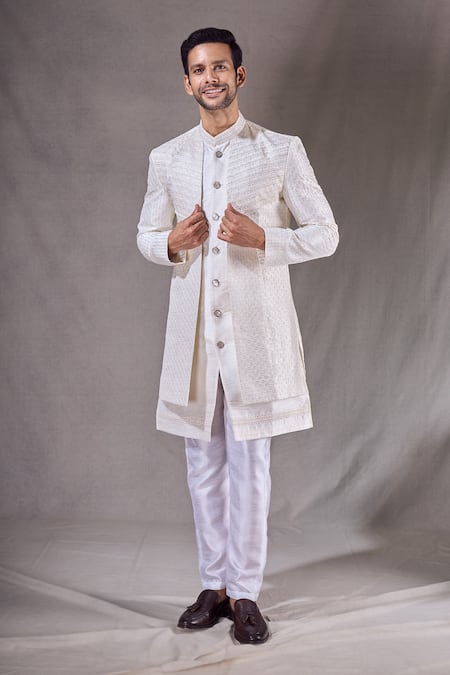 Aryavir Malhotra Linear Embroidered Layered Sherwani With Pyjama 