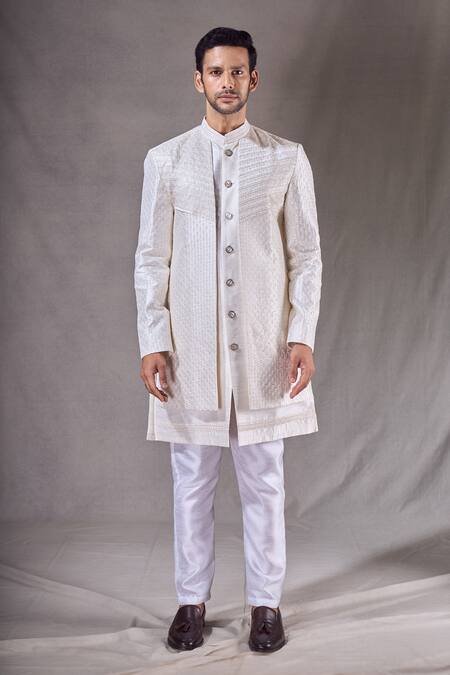 Shop_Arihant Rai Sinha_Cream Pashmina, Silk Sequins, Embroidery Linear Layered Sherwani With Pyjama _Online_at_Aza_Fashions