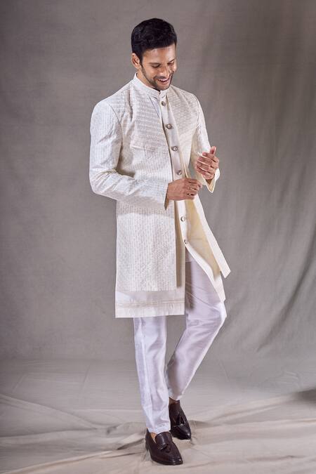 Arihant Rai Sinha_Cream Pashmina, Silk Sequins, Embroidery Linear Layered Sherwani With Pyjama _at_Aza_Fashions