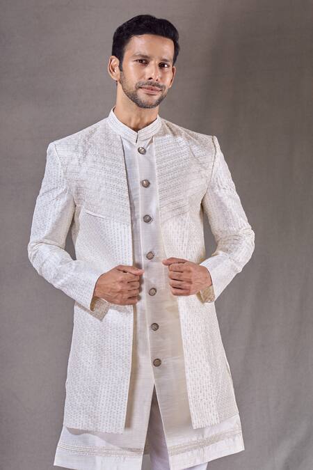 Buy_Arihant Rai Sinha_Cream Pashmina, Silk Sequins, Embroidery Linear Layered Sherwani With Pyjama 