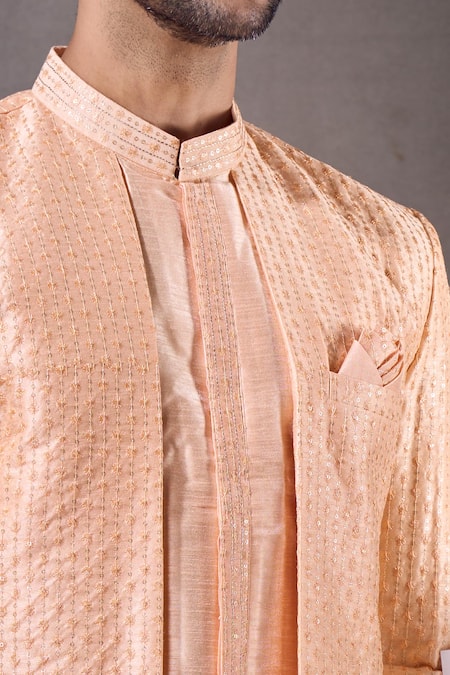 Arihant Rai Sinha Peach Pashmina, Silk Sequins, Embroidery Linear Sherwani With Pyjama Online at Aza Fashions Arihant Rai Sinha_Peach Pashmina, Silk Sequins, Embroidery Linear Sherwani With Pyjama _Online_at_Aza_Fashions