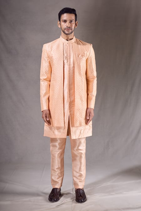 Buy Arihant Rai Sinha Peach Pashmina, Silk Sequins, Embroidery Linear Sherwani With Pyjama Online at Aza Fashions Buy_Arihant Rai Sinha_Peach Pashmina, Silk Sequins, Embroidery Linear Sherwani With Pyjama _Online_at_Aza_Fashions
