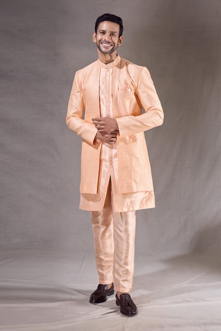 Shop Arihant Rai Sinha Peach Pashmina, Silk Sequins, Embroidery Linear Sherwani With Pyjama Online at Aza Fashions Shop_Arihant Rai Sinha_Peach Pashmina, Silk Sequins, Embroidery Linear Sherwani With Pyjama _Online_at_Aza_Fashions