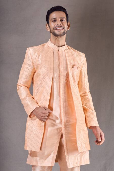Arihant Rai Sinha Peach Pashmina, Silk Sequins, Embroidery Linear Sherwani With Pyjama at Aza Fashions Arihant Rai Sinha_Peach Pashmina, Silk Sequins, Embroidery Linear Sherwani With Pyjama _at_Aza_Fashions