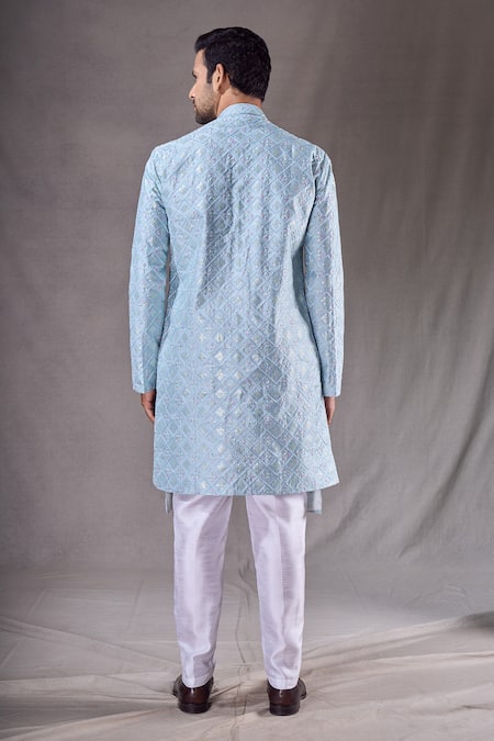 Shop Arihant Rai Sinha Blue Silk Sequins Trellis Embroidered Sherwani With Pyjama at Aza Fashions Shop_Arihant Rai Sinha_Blue Silk Sequins Trellis Embroidered Sherwani With Pyjama _at_Aza_Fashions