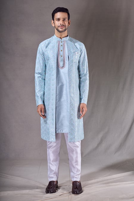 Arihant Rai Sinha Blue Silk Sequins Trellis Embroidered Sherwani With Pyjama Online at Aza Fashions Arihant Rai Sinha_Blue Silk Sequins Trellis Embroidered Sherwani With Pyjama _Online_at_Aza_Fashions