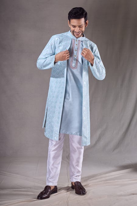 Buy Arihant Rai Sinha Blue Silk Sequins Trellis Embroidered Sherwani With Pyjama Online at Aza Fashions Buy_Arihant Rai Sinha_Blue Silk Sequins Trellis Embroidered Sherwani With Pyjama _Online_at_Aza_Fashions