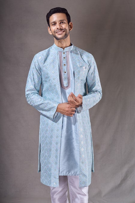 Shop Arihant Rai Sinha Blue Silk Sequins Trellis Embroidered Sherwani With Pyjama Online at Aza Fashions Shop_Arihant Rai Sinha_Blue Silk Sequins Trellis Embroidered Sherwani With Pyjama _Online_at_Aza_Fashions