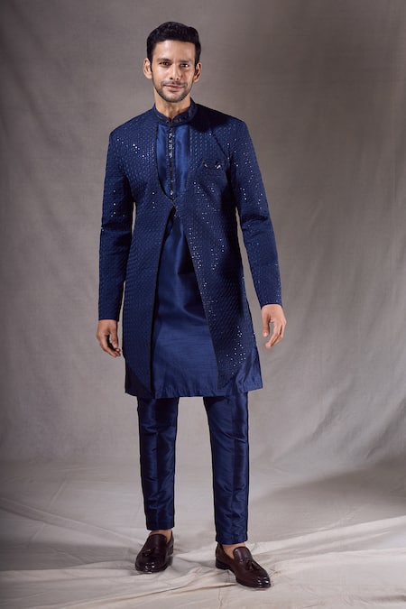 Aryavir Malhotra Geometric Embroidered Layered Sherwani With Pyjama 