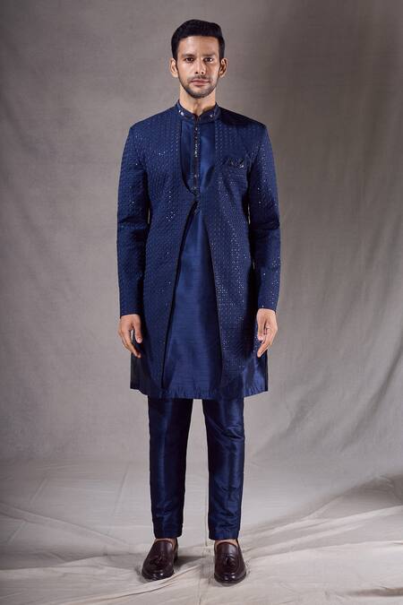 Arihant Rai Sinha_Blue Silk Sequins Geometric Embroidered Layered Sherwani With Pyjama _Online_at_Aza_Fashions