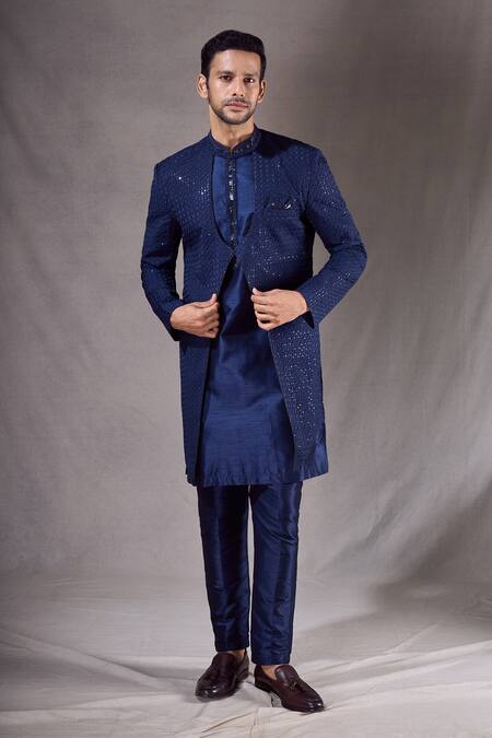 Buy_Arihant Rai Sinha_Blue Silk Sequins Geometric Embroidered Layered Sherwani With Pyjama _Online_at_Aza_Fashions