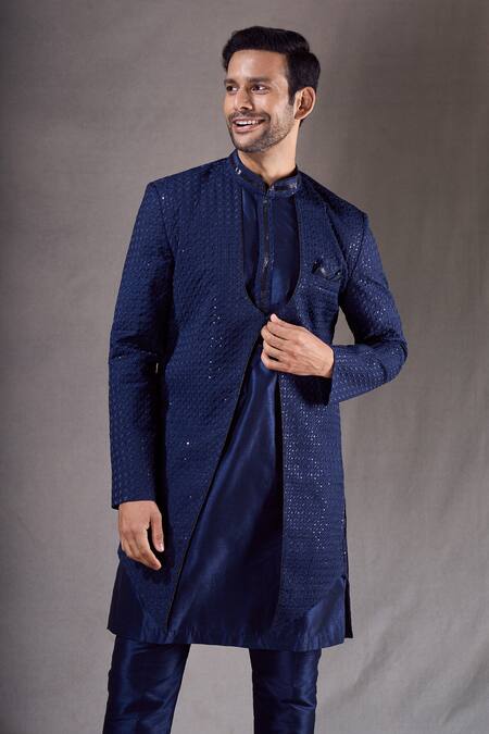 Shop_Arihant Rai Sinha_Blue Silk Sequins Geometric Embroidered Layered Sherwani With Pyjama _Online_at_Aza_Fashions