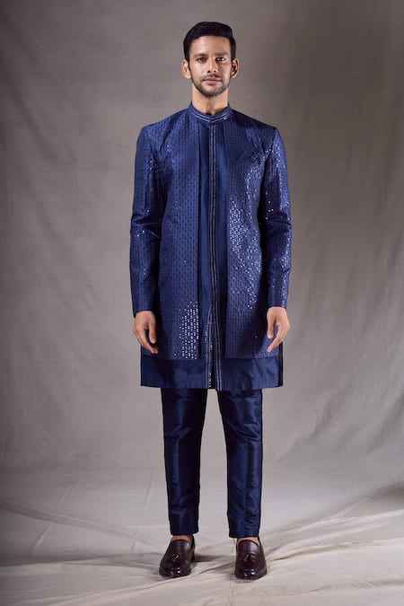 Buy Arihant Rai Sinha Blue Silk Sequins, Embroidery Linear Sherwani With Pyjama Online at Aza Fashions Buy_Arihant Rai Sinha_Blue Silk Sequins, Embroidery Linear Sherwani With Pyjama _Online_at_Aza_Fashions