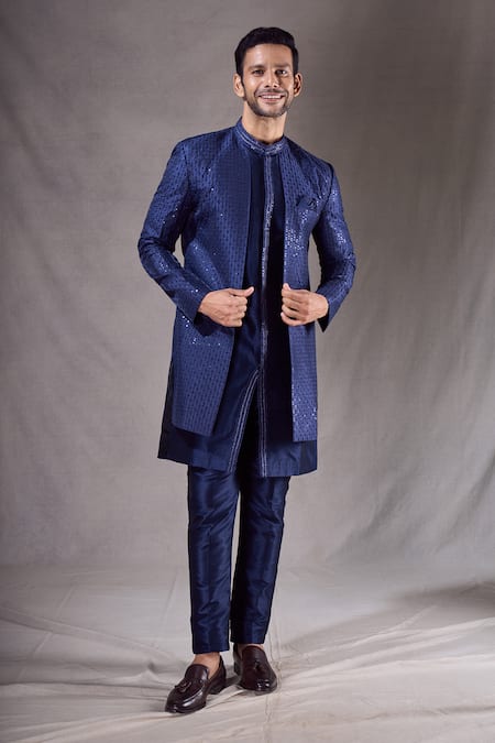 Shop Arihant Rai Sinha Blue Silk Sequins, Embroidery Linear Sherwani With Pyjama Online at Aza Fashions Shop_Arihant Rai Sinha_Blue Silk Sequins, Embroidery Linear Sherwani With Pyjama _Online_at_Aza_Fashions