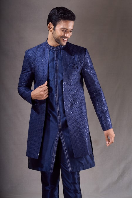 Arihant Rai Sinha Blue Silk Sequins, Embroidery Linear Sherwani With Pyjama at Aza Fashions Arihant Rai Sinha_Blue Silk Sequins, Embroidery Linear Sherwani With Pyjama _at_Aza_Fashions