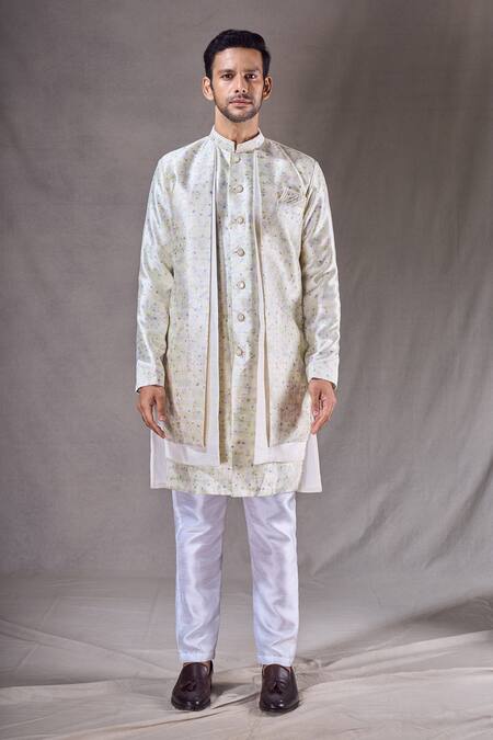Buy_Arihant Rai Sinha_Green Silk, Jacquard, Cotton Diamonds Butti Pattern Sherwani With Pyjama _Online_at_Aza_Fashions