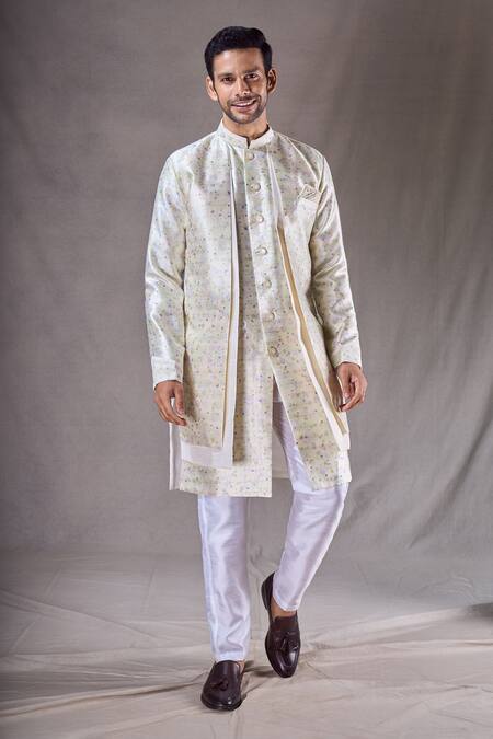 Shop_Arihant Rai Sinha_Green Silk, Jacquard, Cotton Diamonds Butti Pattern Sherwani With Pyjama _Online_at_Aza_Fashions