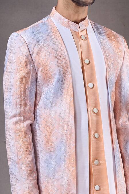 Arihant Rai Sinha White Silk, Brocade Embroidery Abstract Ombre Sherwani With Pyjama Online at Aza Fashions Arihant Rai Sinha_White Silk, Brocade Embroidery Abstract Ombre Sherwani With Pyjama _Online_at_Aza_Fashions