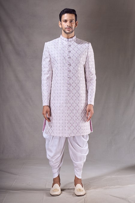 Arihant Rai Sinha_Off White Jacquard, Silk Embroidery, Beads, Trellis Sherwani With Dhoti Pant _Online_at_Aza_Fashions