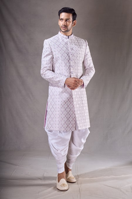 Buy_Arihant Rai Sinha_Off White Jacquard, Silk Embroidery, Beads, Trellis Sherwani With Dhoti Pant _Online_at_Aza_Fashions