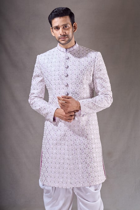 Shop_Arihant Rai Sinha_Off White Jacquard, Silk Embroidery, Beads, Trellis Sherwani With Dhoti Pant _Online_at_Aza_Fashions