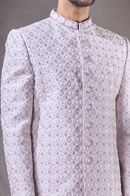 Arihant Rai Sinha_Off White Jacquard, Silk Embroidery, Beads, Trellis Sherwani With Dhoti Pant _at_Aza_Fashions