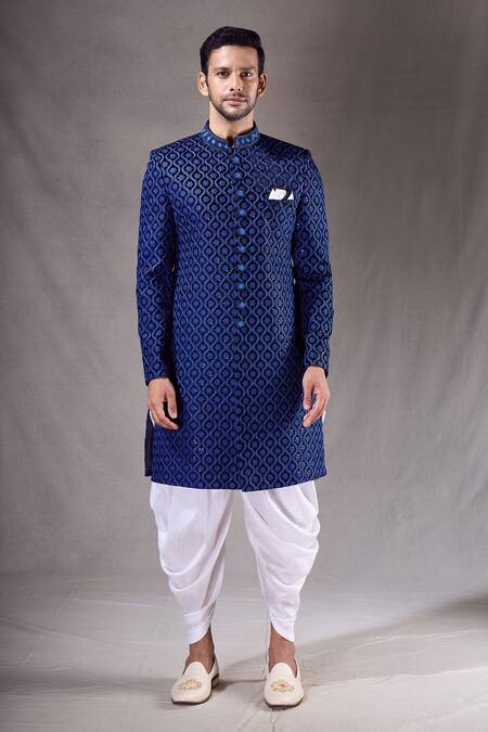 Arihant Rai Sinha_Blue Velvet Sequins, Beads, Embroidery Floral Jaal Sherwani With Dhoti Pant _Online_at_Aza_Fashions