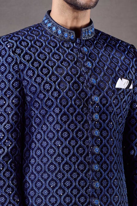 Buy_Arihant Rai Sinha_Blue Velvet Sequins, Beads, Embroidery Floral Jaal Sherwani With Dhoti Pant _Online_at_Aza_Fashions