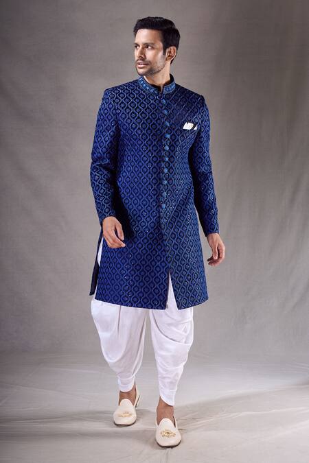 Arihant Rai Sinha_Blue Velvet Sequins, Beads, Embroidery Floral Jaal Sherwani With Dhoti Pant _at_Aza_Fashions