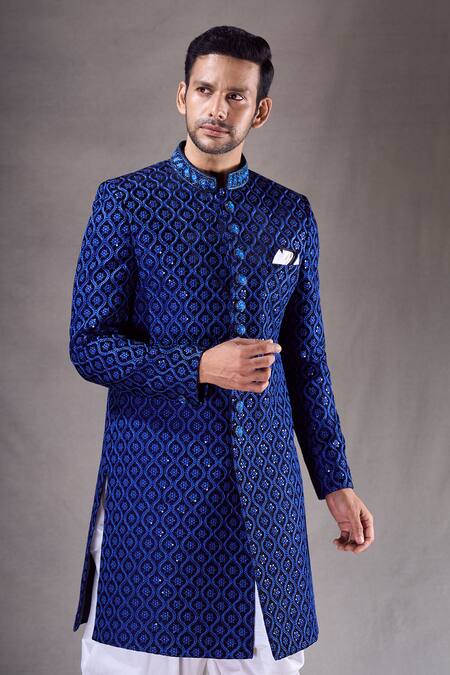 Buy_Arihant Rai Sinha_Blue Velvet Sequins, Beads, Embroidery Floral Jaal Sherwani With Dhoti Pant 