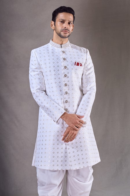 Shop Arihant Rai Sinha Off White Silk Sequins Butti Embroidered Sherwani With Dhoti Pant Online at Aza Fashions Shop_Arihant Rai Sinha_Off White Silk Sequins Butti Embroidered Sherwani With Dhoti Pant _Online_at_Aza_Fashions