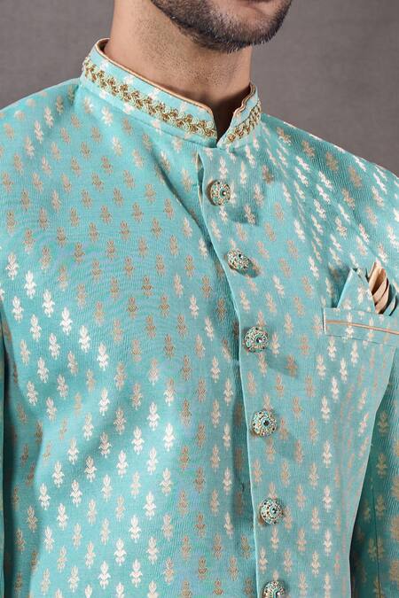 Arihant Rai Sinha Green Brocade, Silk Embroidery Flower Butti Pattern Sherwani With Pyjama Online at Aza Fashions Arihant Rai Sinha_Green Brocade, Silk Embroidery Flower Butti Pattern Sherwani With Pyjama _Online_at_Aza_Fashions