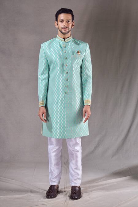 Buy Arihant Rai Sinha Green Brocade, Silk Embroidery Flower Butti Pattern Sherwani With Pyjama Online at Aza Fashions Buy_Arihant Rai Sinha_Green Brocade, Silk Embroidery Flower Butti Pattern Sherwani With Pyjama _Online_at_Aza_Fashions