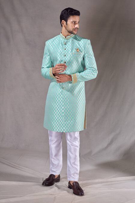 Shop Arihant Rai Sinha Green Brocade, Silk Embroidery Flower Butti Pattern Sherwani With Pyjama Online at Aza Fashions Shop_Arihant Rai Sinha_Green Brocade, Silk Embroidery Flower Butti Pattern Sherwani With Pyjama _Online_at_Aza_Fashions