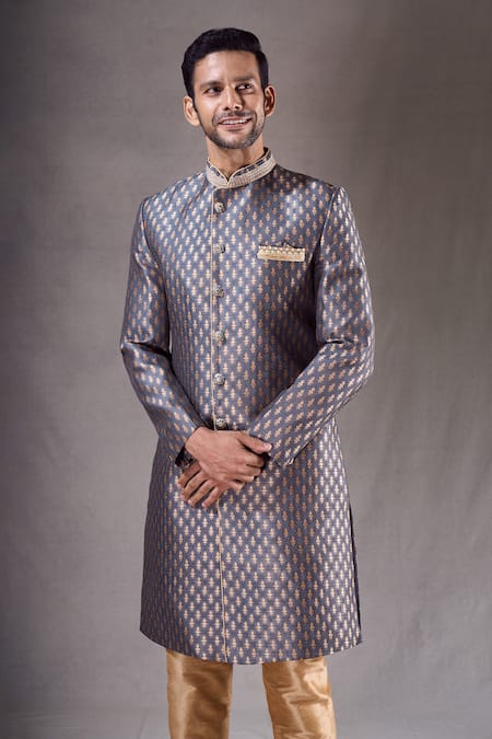 Shop_Arihant Rai Sinha_Grey Jacquard, Silk Flower Butti Pattern Sherwani With Contrast Pyjama _Online_at_Aza_Fashions