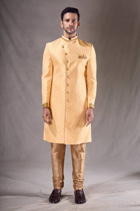 Arihant Rai Sinha_Yellow Brocade, Silk Floral Butti Pattern Sherwani With Contrast Pyjama _Online_at_Aza_Fashions