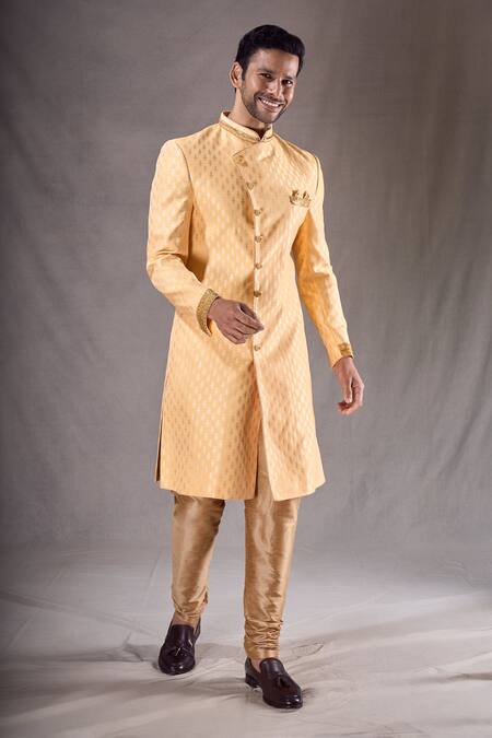 Buy_Arihant Rai Sinha_Yellow Brocade, Silk Floral Butti Pattern Sherwani With Contrast Pyjama _Online_at_Aza_Fashions
