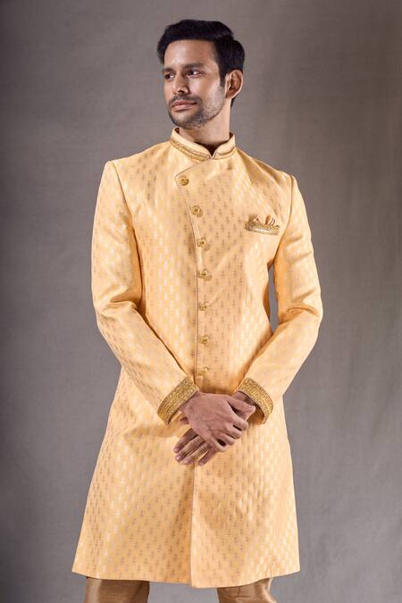 Shop_Arihant Rai Sinha_Yellow Brocade, Silk Floral Butti Pattern Sherwani With Contrast Pyjama _Online_at_Aza_Fashions