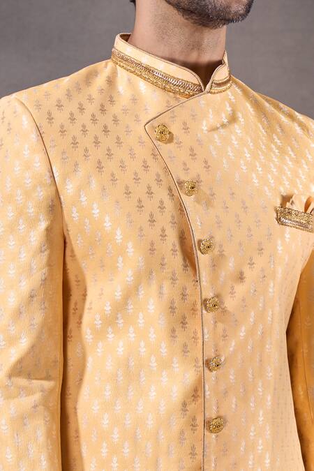 Arihant Rai Sinha_Yellow Brocade, Silk Floral Butti Pattern Sherwani With Contrast Pyjama _at_Aza_Fashions