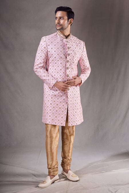Buy_Arihant Rai Sinha_Purple Kota Doria, Silk Floral Bloom Jaal Sherwani With Contrast Pyjama _Online_at_Aza_Fashions