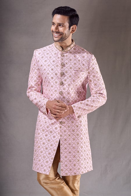 Shop_Arihant Rai Sinha_Purple Kota Doria, Silk Floral Bloom Jaal Sherwani With Contrast Pyjama _Online_at_Aza_Fashions