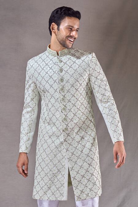 Buy_Arihant Rai Sinha_Green Silk, Jacquard Embroidery Diamond Jaal Sherwani With Pyjama _Online_at_Aza_Fashions