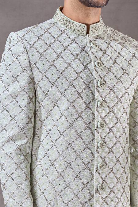 Shop_Arihant Rai Sinha_Green Silk, Jacquard Embroidery Diamond Jaal Sherwani With Pyjama _Online_at_Aza_Fashions
