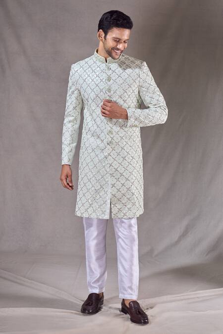 Arihant Rai Sinha_Green Silk, Jacquard Embroidery Diamond Jaal Sherwani With Pyjama _at_Aza_Fashions