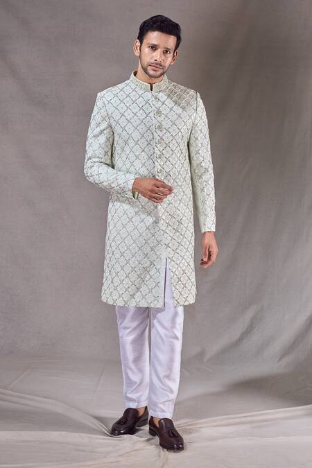 Buy_Arihant Rai Sinha_Green Silk, Jacquard Embroidery Diamond Jaal Sherwani With Pyjama 