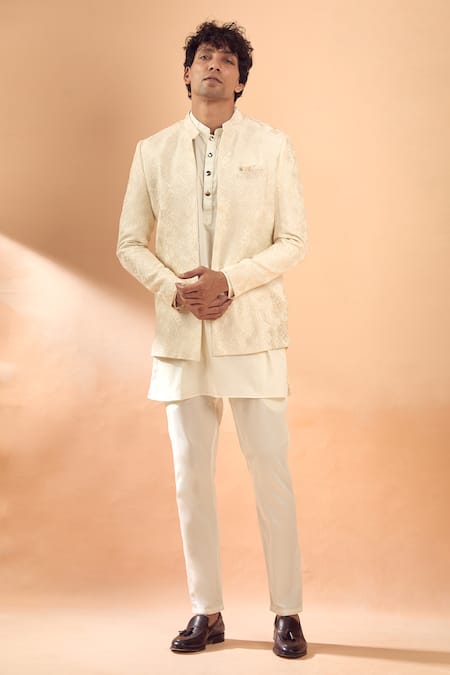 SPRING BREAK Ivory Jacket Viscose Embroidered Laser Cut Applique Thread And Kurta Set 