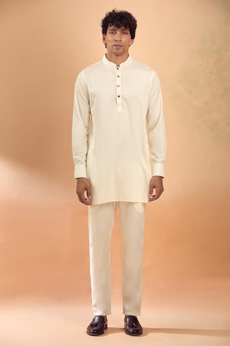 Spring Break_Ivory Viscose, Cotton Satin Embroidery Thread Jacket And Kurta Set _Online_at_Aza_Fashions