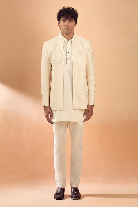 Buy_Spring Break_Ivory Viscose, Cotton Satin Embroidery Thread Jacket And Kurta Set _Online_at_Aza_Fashions
