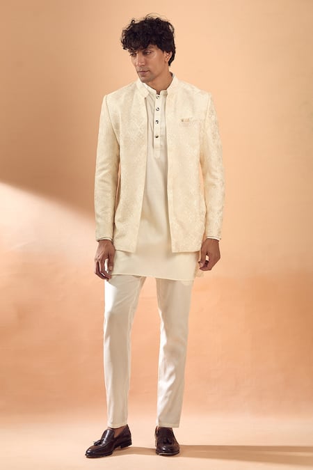 Shop_Spring Break_Ivory Viscose, Cotton Satin Embroidery Thread Jacket And Kurta Set _Online_at_Aza_Fashions